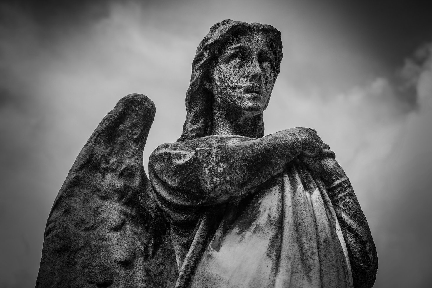 Woman With Wings Statue Grayscale Photo